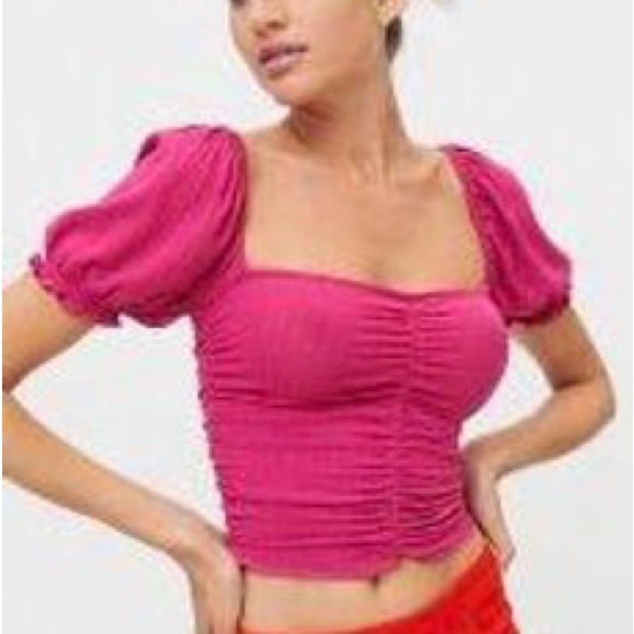 Urban Outfitters “Vienna” pointelle puff sleeve crop top size XS - Picture 7 of 8